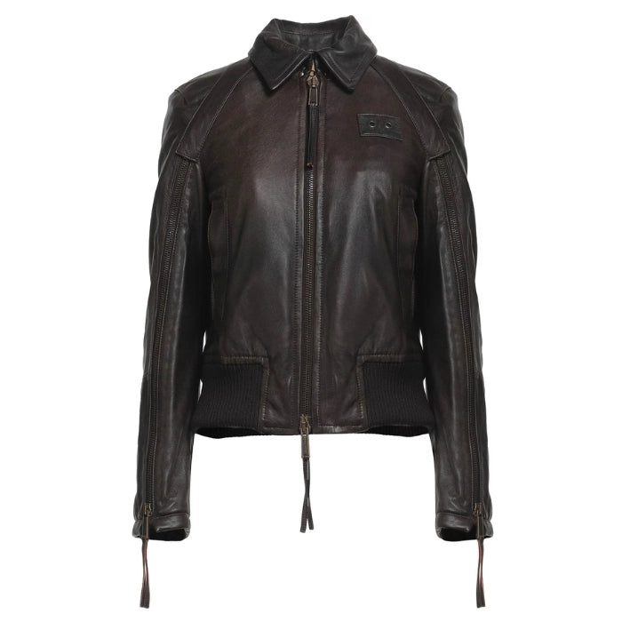 Front view of women's Dsqusred2 bomber leather jacket