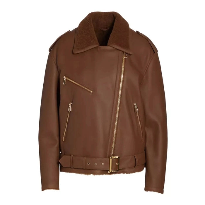 Women's Brown Shearling-Lined Leather Moto Jacket