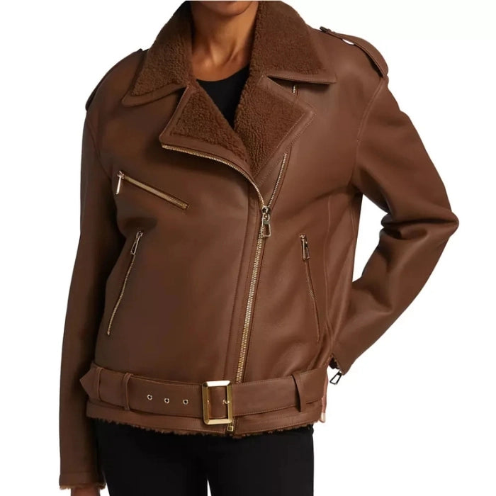 Women's Brown Shearling-Lined Leather Moto Jacket